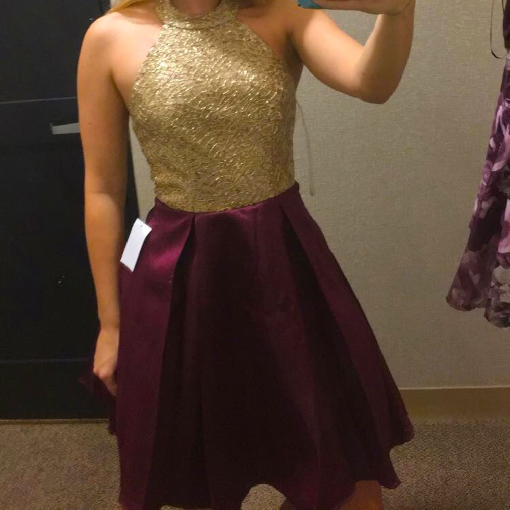 maroon and gold formal dress